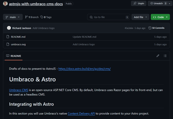 Screenshot of my Umbraco and Astro docs repo - still accepting contributions!