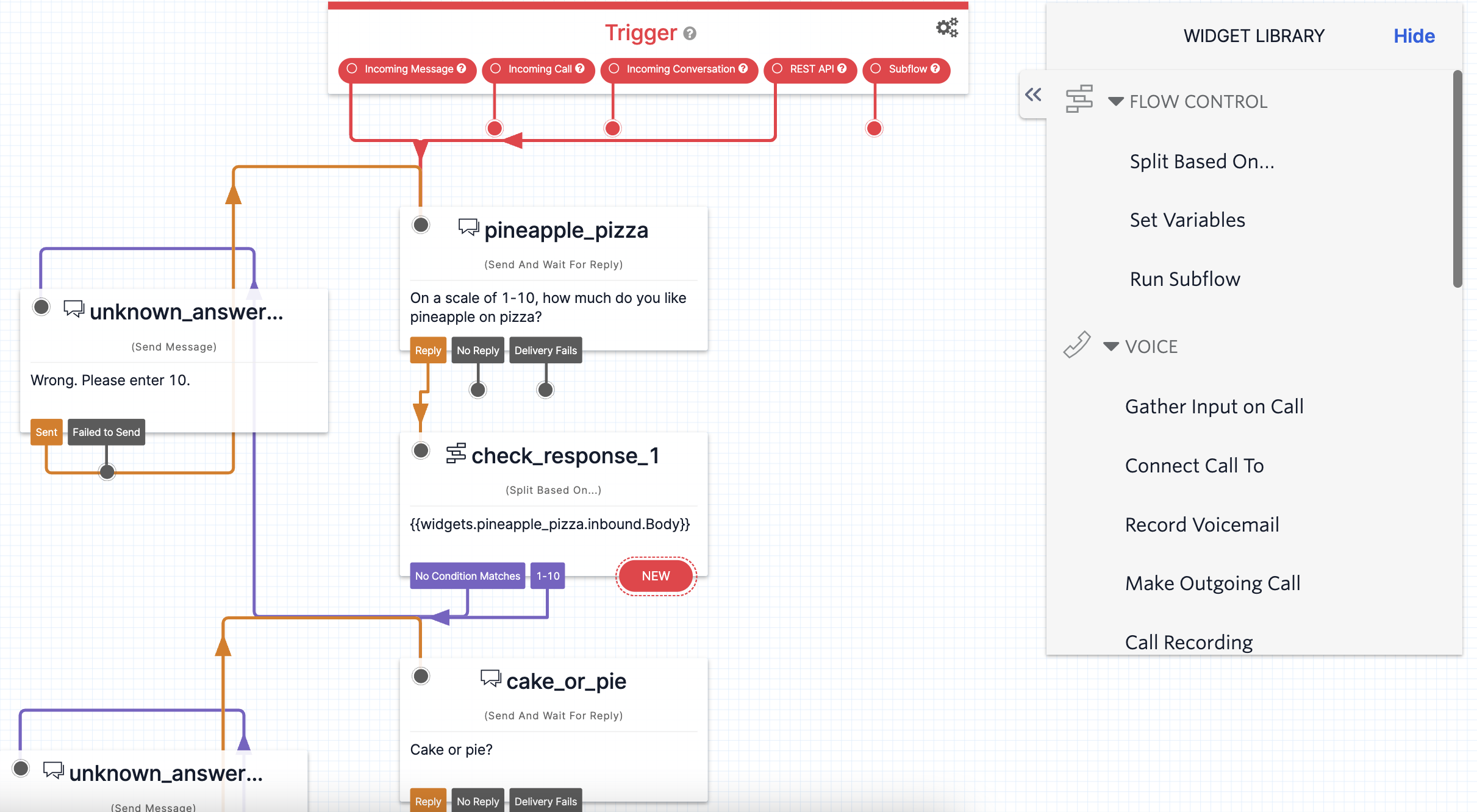 The Flow canvas showing the imported SMS Survey Flow. You can see different widgets connected to send SMS and receive response and more.