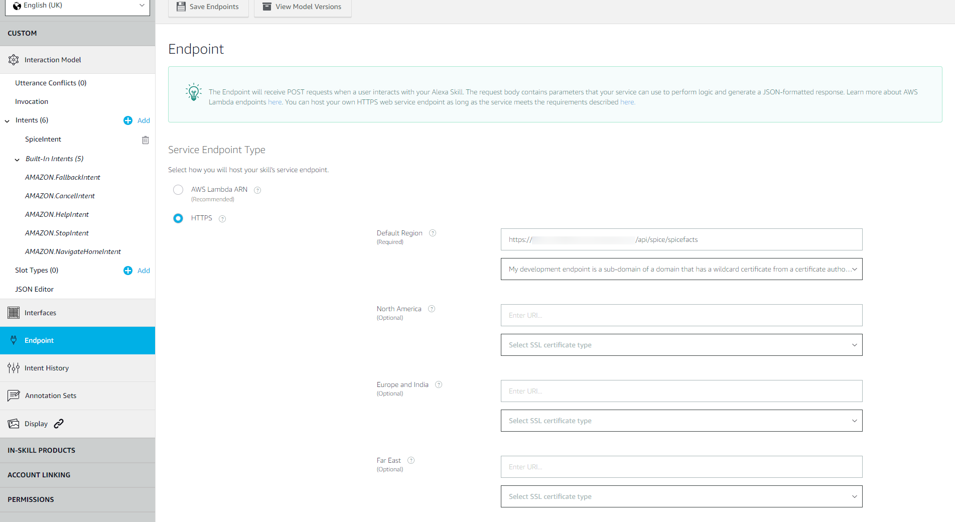 Adding an endpoint in the Amazon Developer Console