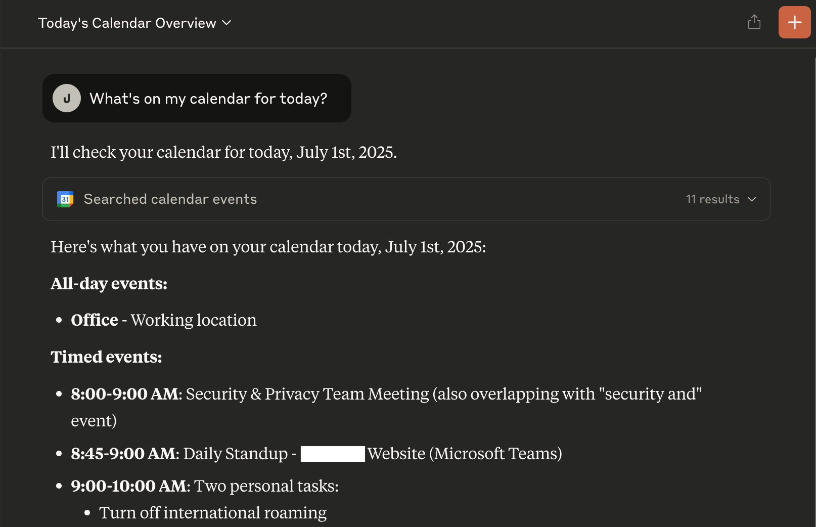 Screenshot of Claude summarizing a day's schedule from Google Calendar