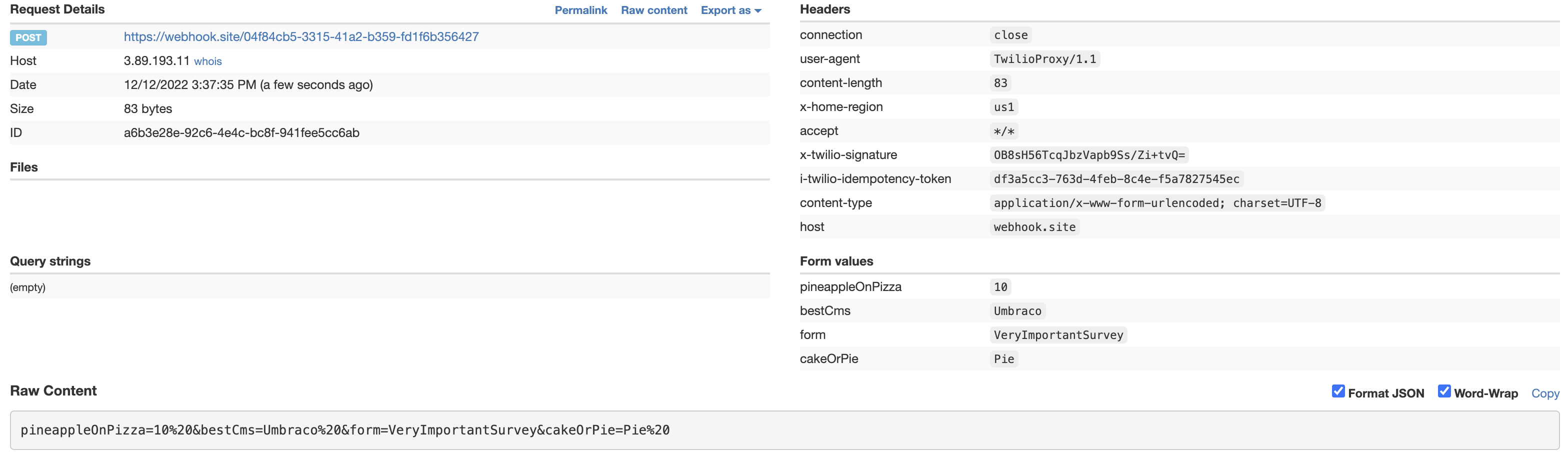 HTTP request data sent to the webhook.site URL showing headers and form encoded parameters in the request body.