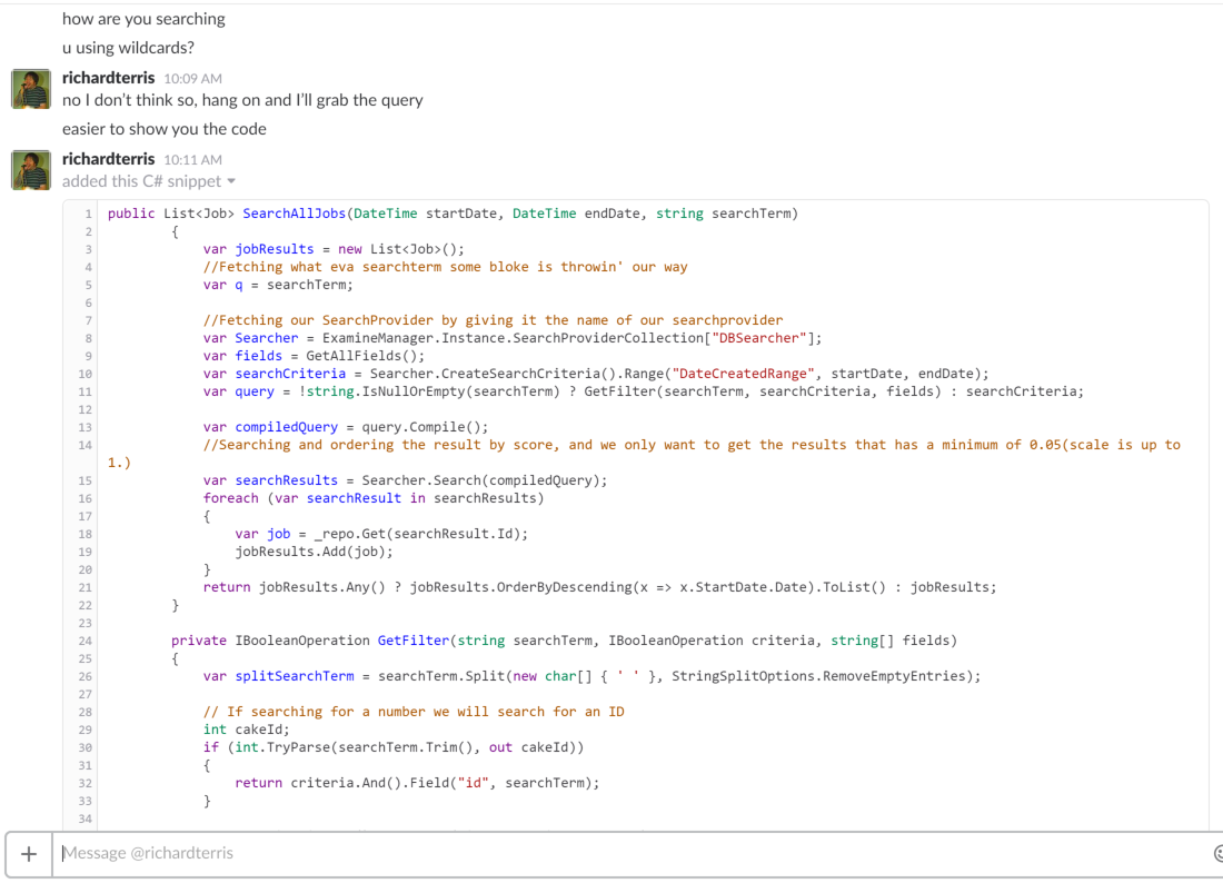 Screenshot of a Slack convo helping with code