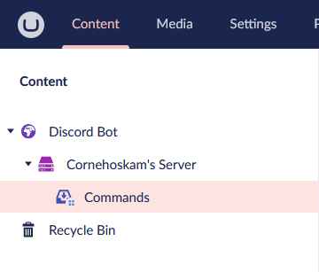 A preview of the Umbraco content tree displaying the Bot, Server and Command structure